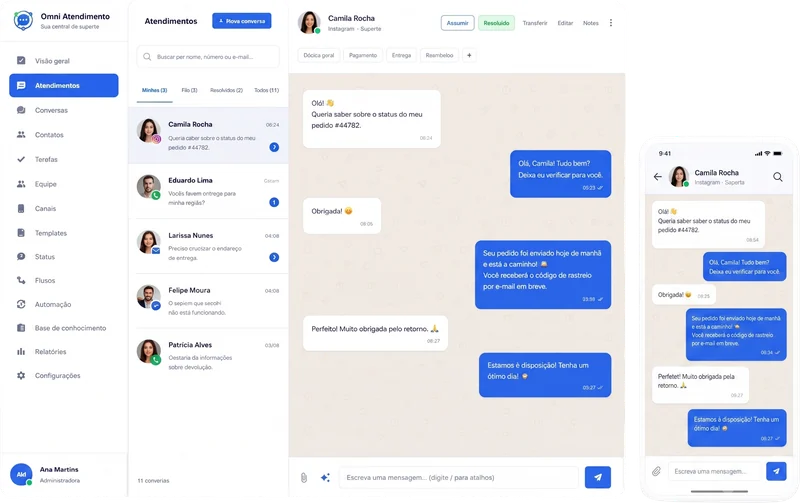 Tela de Atendimentos da Omni: inbox na web e no aplicativo